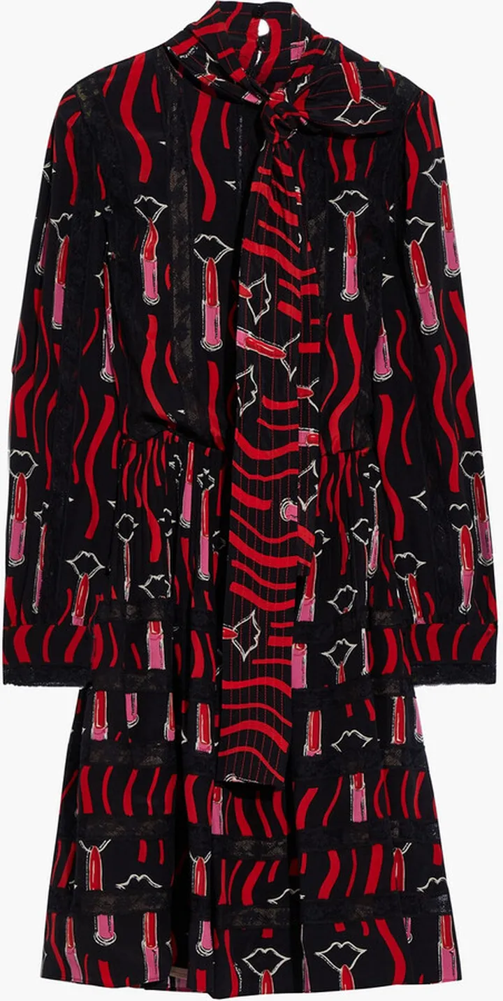 Tie-neck lace-trimmed printed silk crepe de chine mini dress