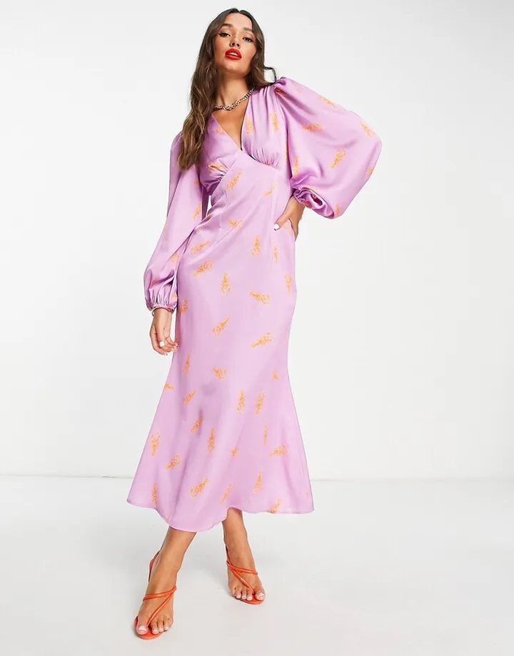 Never Fully Dressed exclusive balloon sleeve maxi dress in orange lobster print