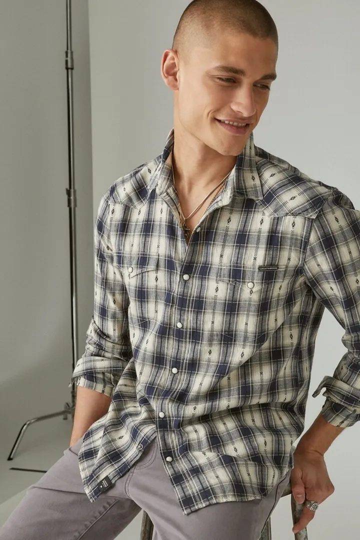 Plaid Dobby Western Long Sleeve Shirt