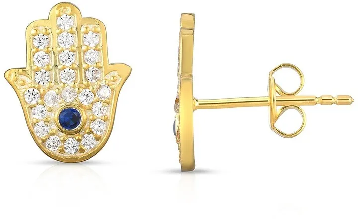 14K Gold Plated Sterling Silver Pave CZ Hamsa Stud Earrings