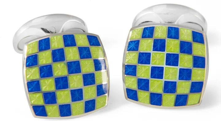Deakin & Francis - Deakin & Francis Sterling Silver Enamel Checkerboard Cufflinks In Green & Blue