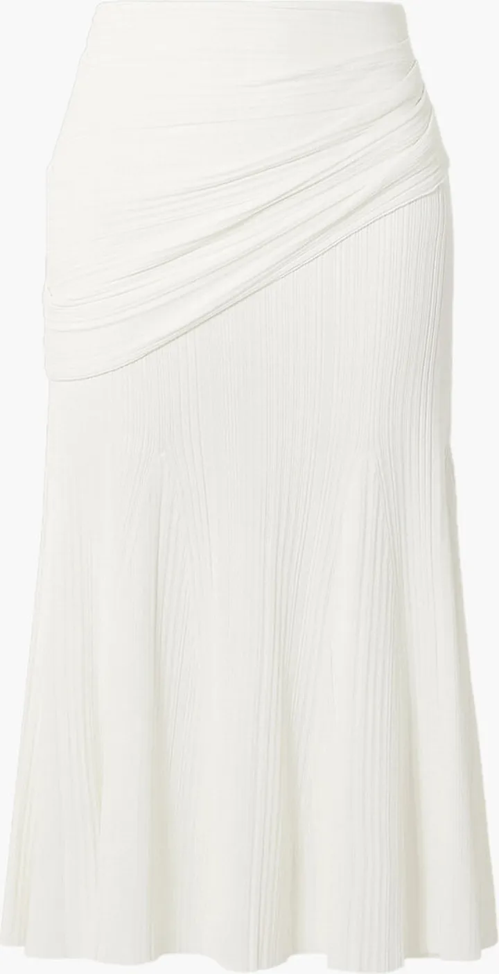 Draped ribbed-knit midi skirt