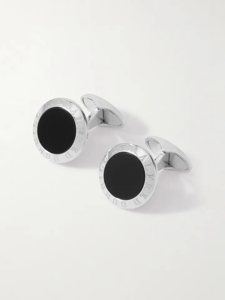 Logo-Engraved Silver-Tone Onyx Cufflinks