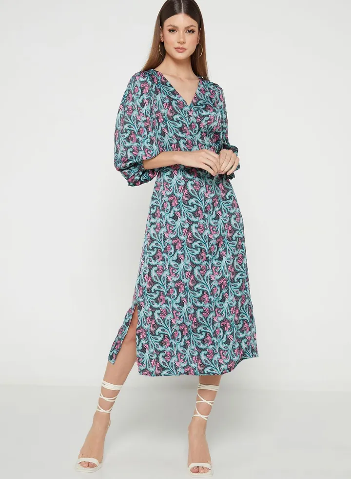 Puff Sleeve Tiered Printed Dress