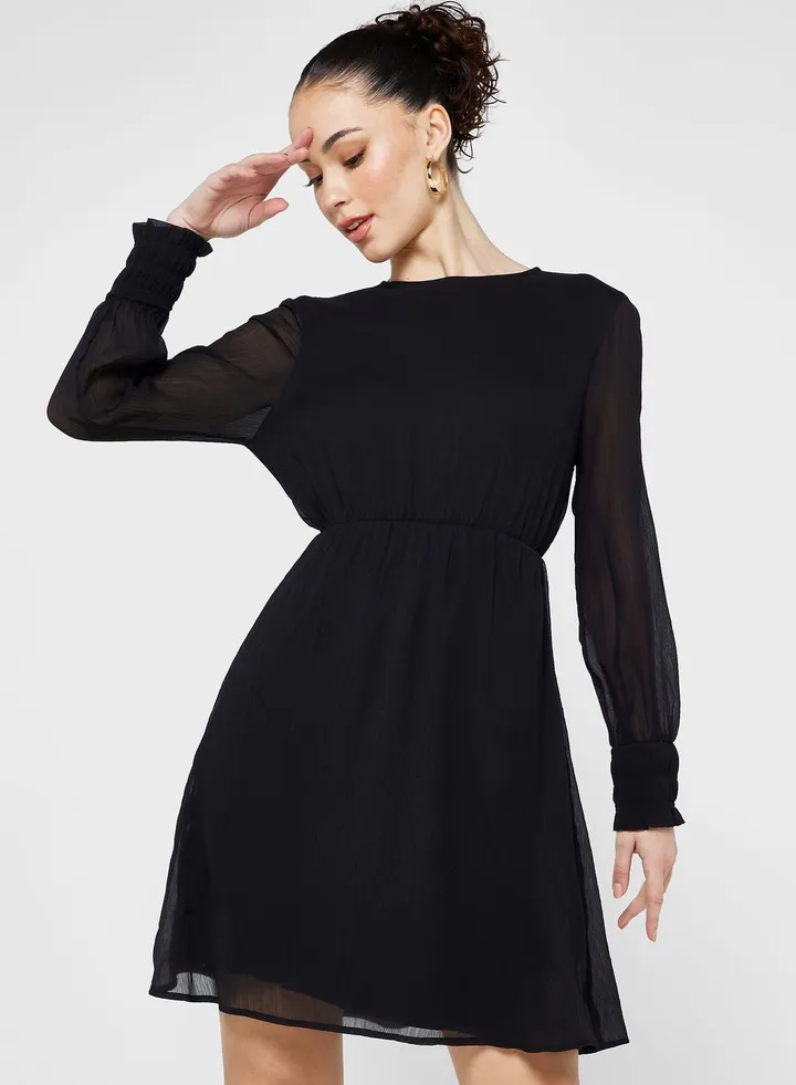 Shirred Cuffed Tiered Dress