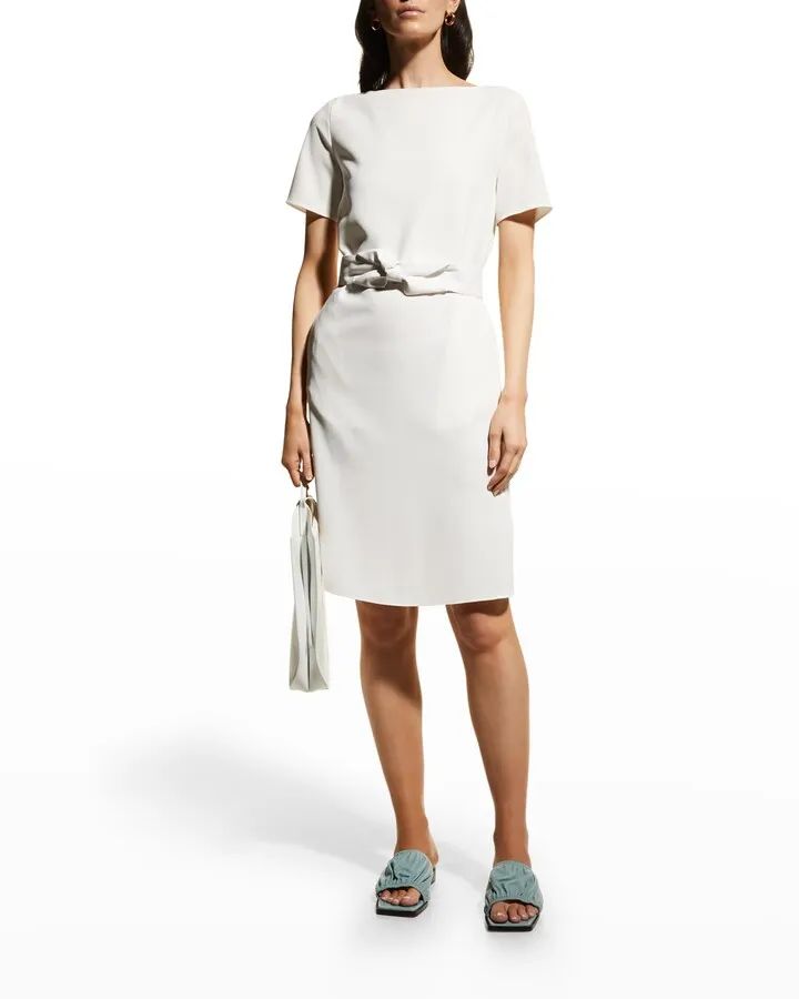 Belted Fluid Crepe Sheath Dress