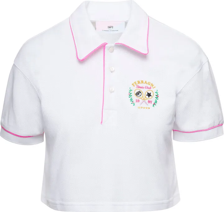 White Cropped Polo Shirt With Tennis Club Logo Embroidery In Cotton Woman