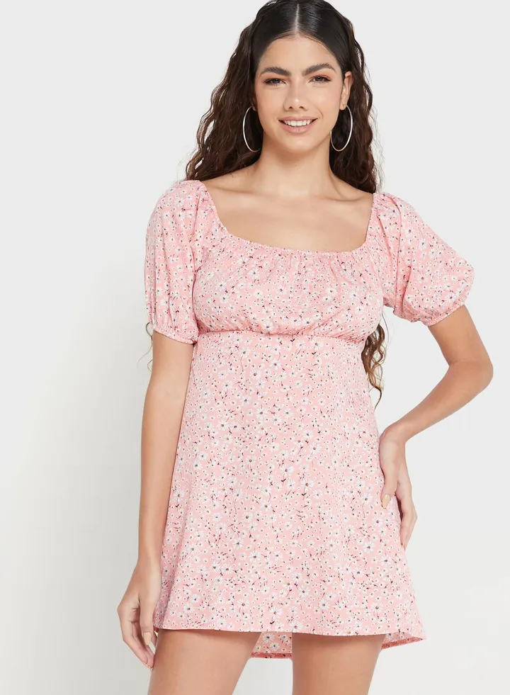 Puff Sleeve Floral Printed Dress