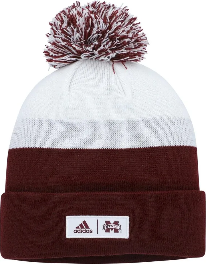 Men's adidas Maroon and White Mississippi State Bulldogs Colorblock Cuffed Knit Hat with Pom
