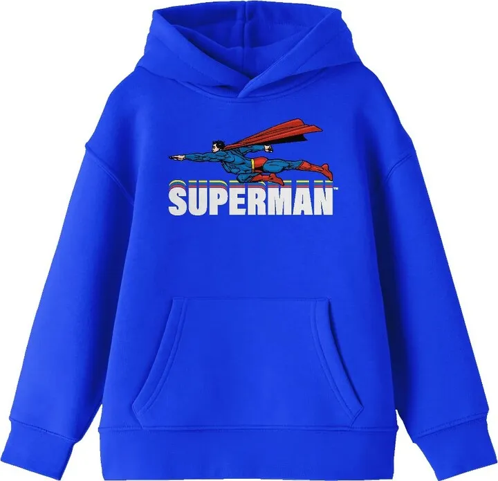 Superman Hero Flying Above Text Long Sleeve Royal Blue Boy’s Hoodie-Large