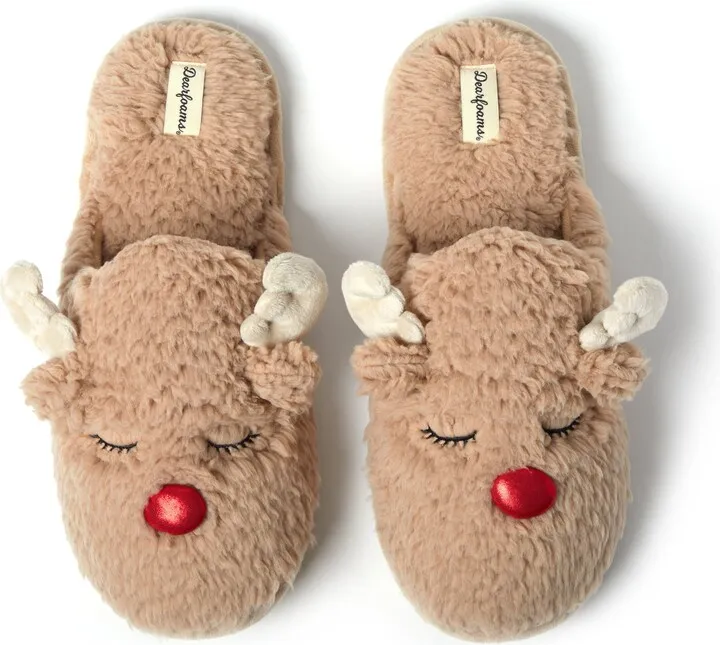 Dearfoams Men's Reindeer Funny Ugly Christmas Sweater Holiday Scuff Slipper