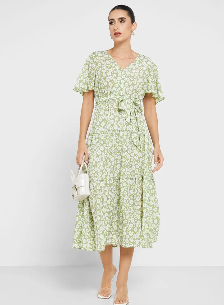 Ruffle Sleeve Floral Printed Dress