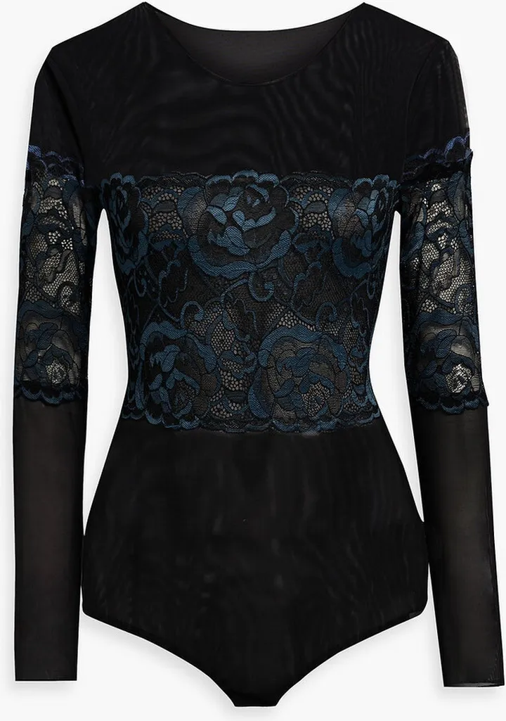 Lace-paneled stretch-mesh bodysuit