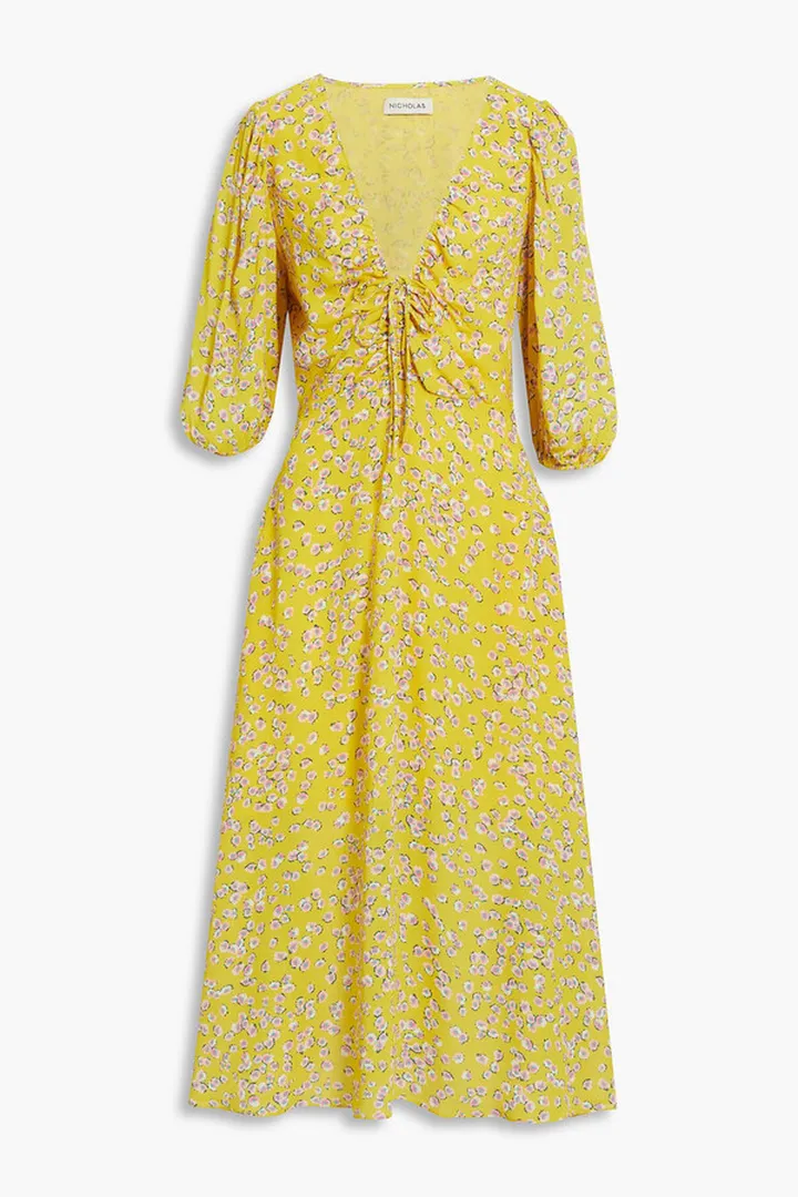 Danielle lace-up ruched floral-print crepe midi dress