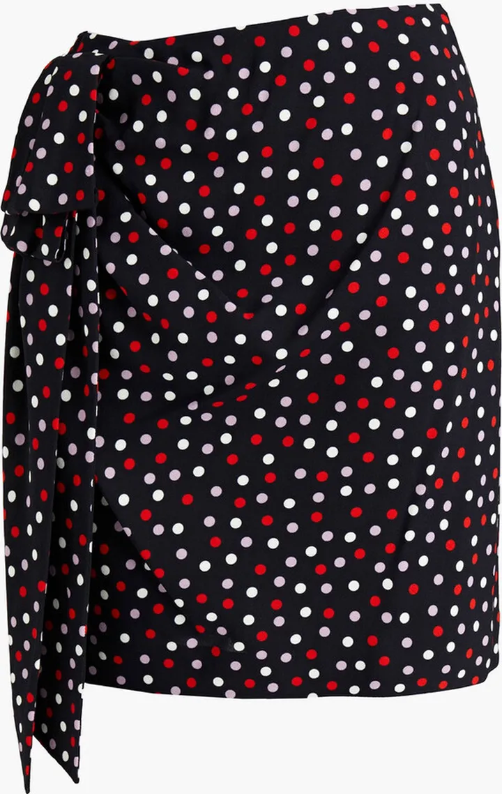 Bow-embellished ruched polka-dot stretch-crepe mini skirt