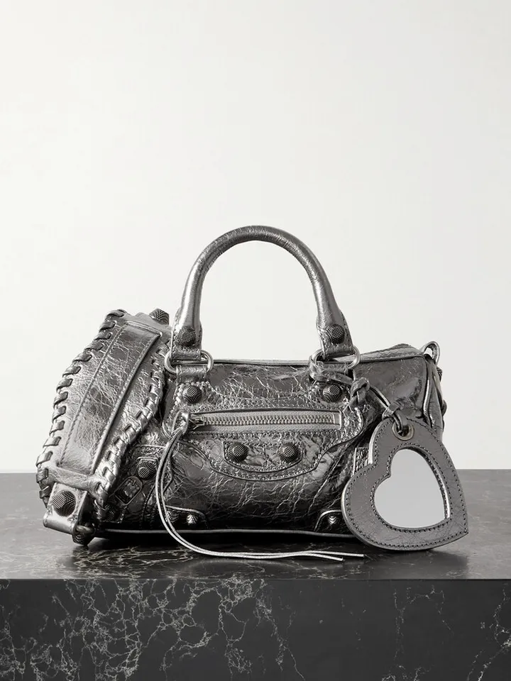 Balenciaga - Neo Cagole Xs Studded Metallic Crinkled-leather Tote - Silver