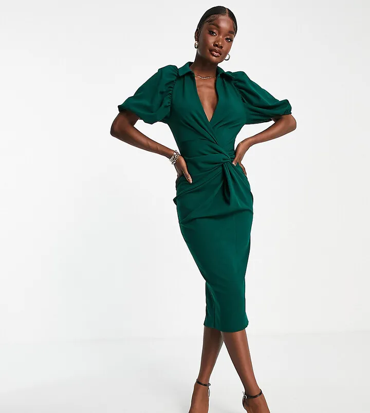 ASOS DESIGN Tall shirt knot detail wrap midi dress in bottle green