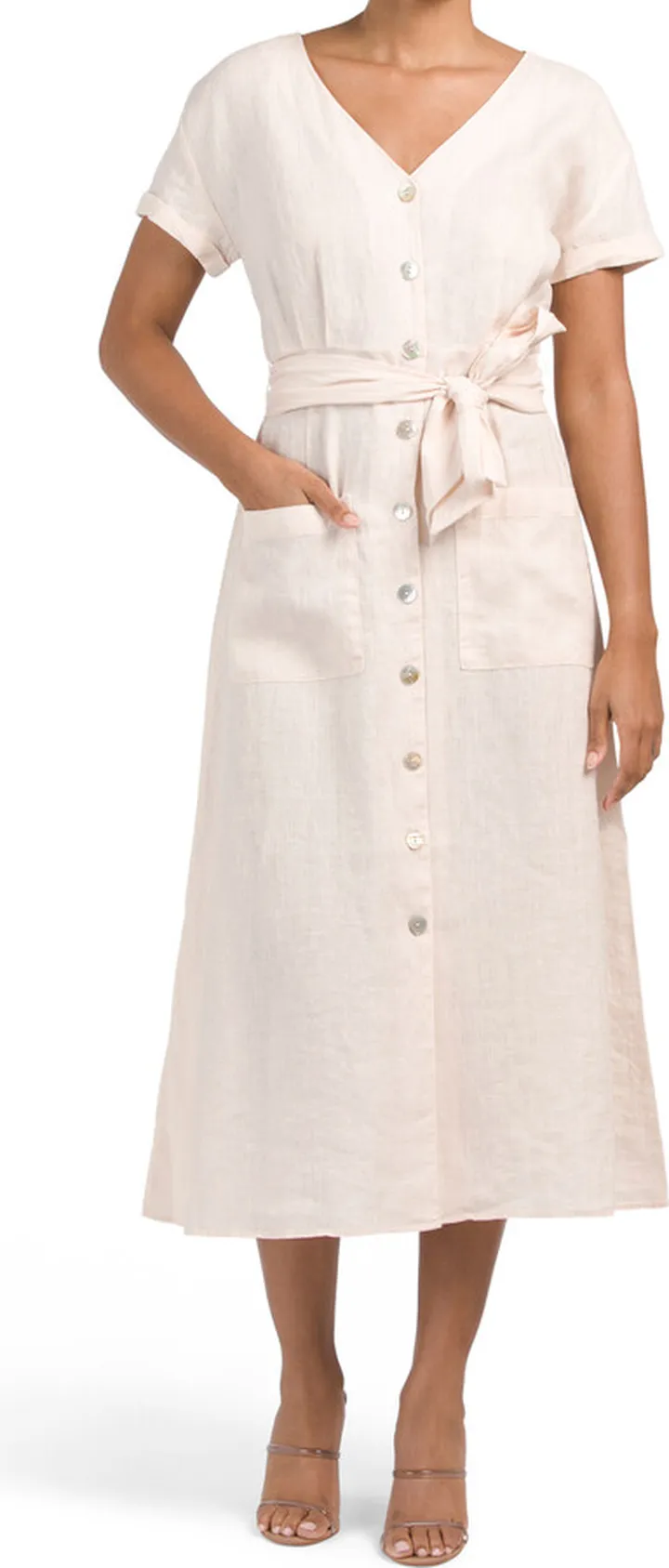 Linen Short Sleeve Belted V-neck Midi Dress
