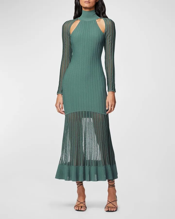 Cutout Long-Sleeve Sheer Fluted Recycled Midi Dress
