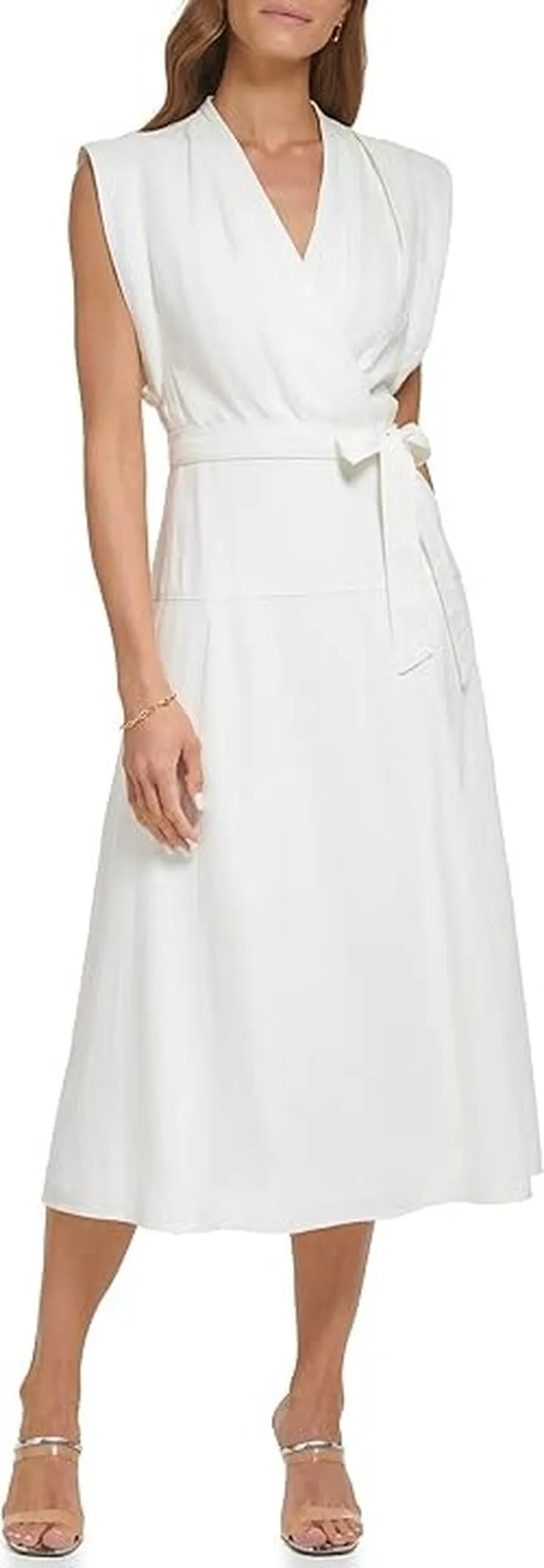 DKNY Extended Sleeve Surplice Linen Midi Dress (Ivory) Women's Clothing