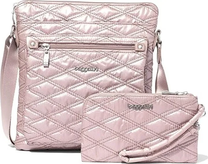 Baggallini Go Bagg with RFID Phone Wristlet (Rose Metallic Quilt) Cross Body Handbags