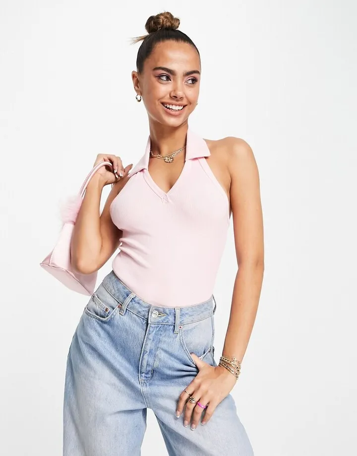 Miss Selfridge plunge collar bodysuit in pink
