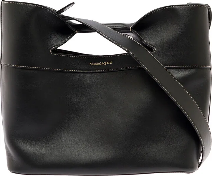 The Bow Black Leather Handbagh With Logo Alexander Mcqueen Woman