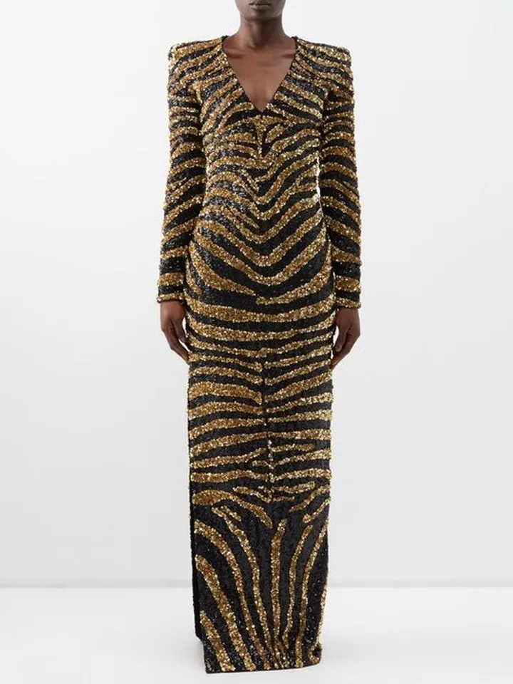 Side-slit Zebra-print Sequinned Gown