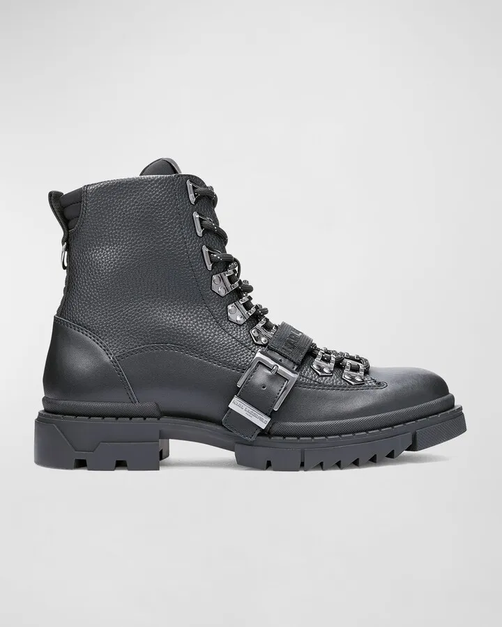 Men's Buckle Leather Lug-Sole Combat Boots