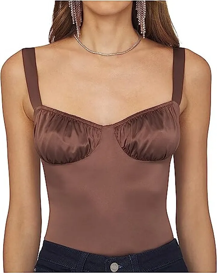 We Wore What Ruched Cup Bodysuit (Brown) Women's Jumpsuit & Rompers One Piece