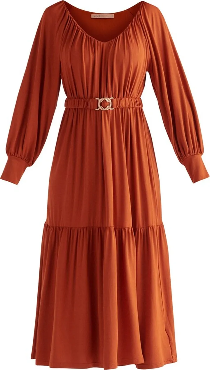 PAISIE - Belted V-Neck Dress In Burnt Orange
