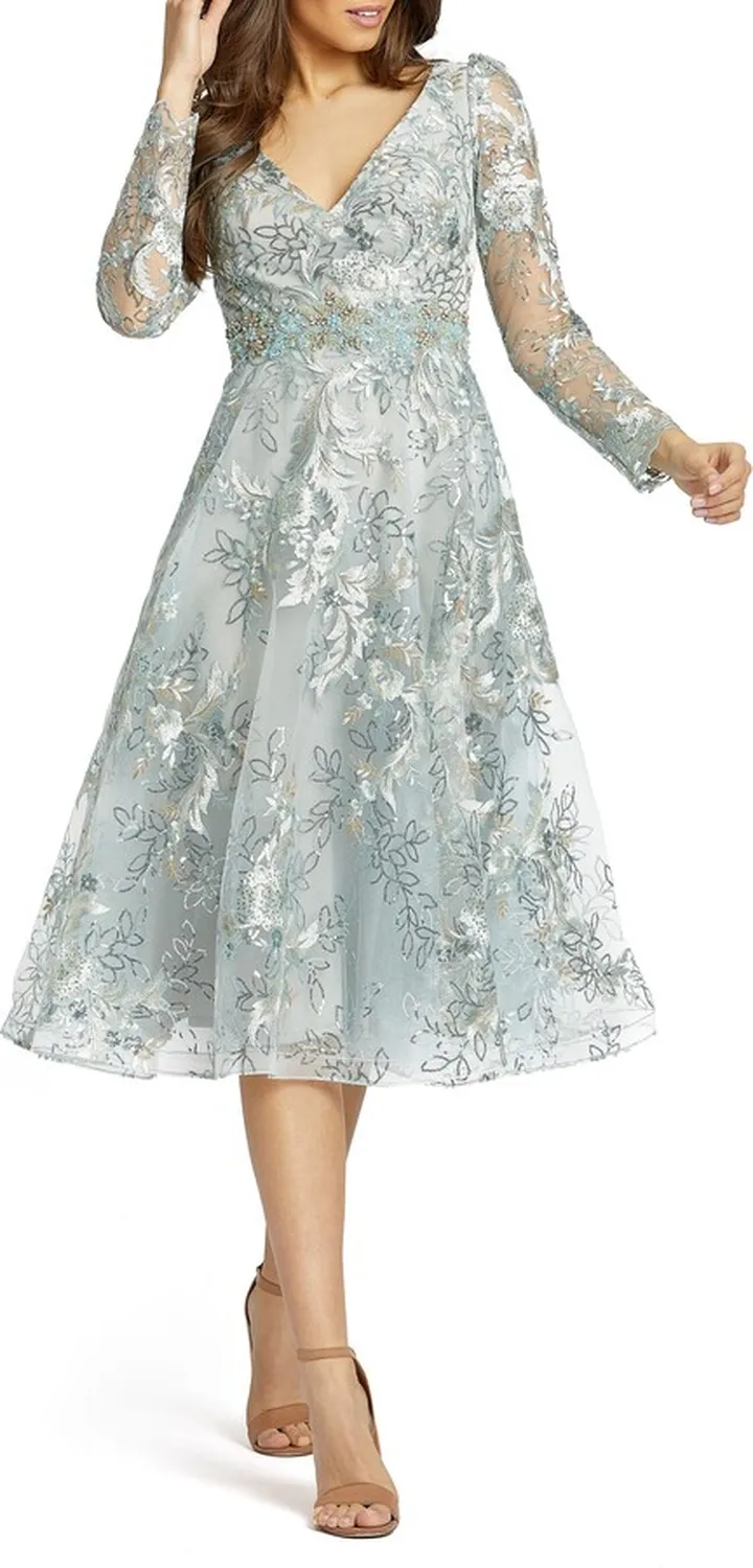 Sequin Floral Long Sleeve A-Line Cocktail Dress