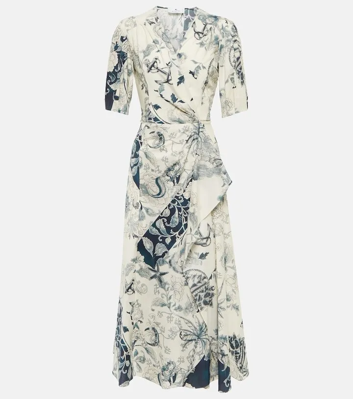 Paisley cotton-blend wrap midi dress