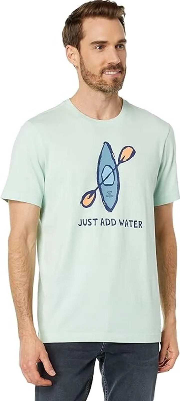 Life is Good Just Add Water Kayak Crusher Tee (Sage Green) Men's Clothing