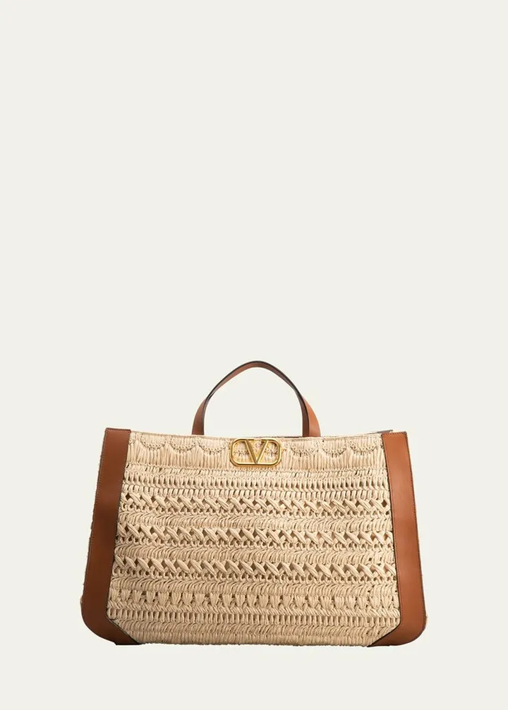 VLOGO Signature Raffia & Calfskin Tote Bag