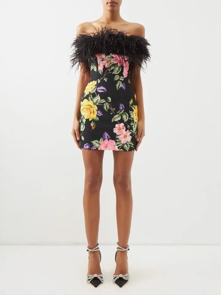 Feather-trim Rose-print Strapless Crepe Mini Dress
