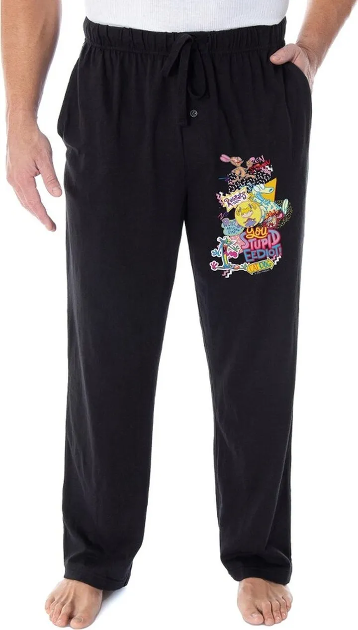 Nickelodeon Men's 90s Cartoons Rugrats Ren and Stimpy CatDog Pajama Pants (2XL) Black