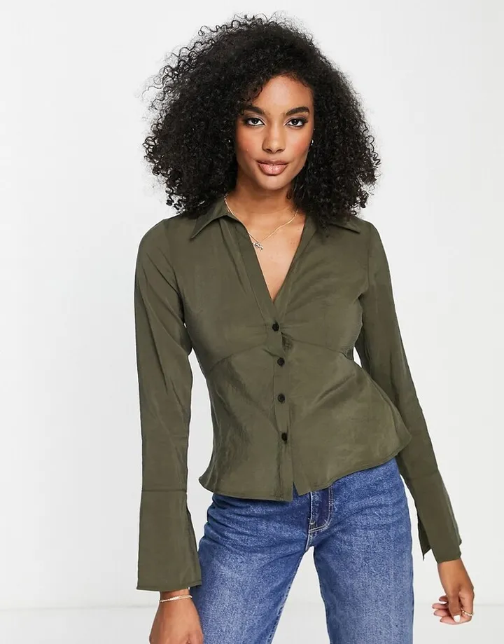 Topshop slim fit open collar shirt in khaki