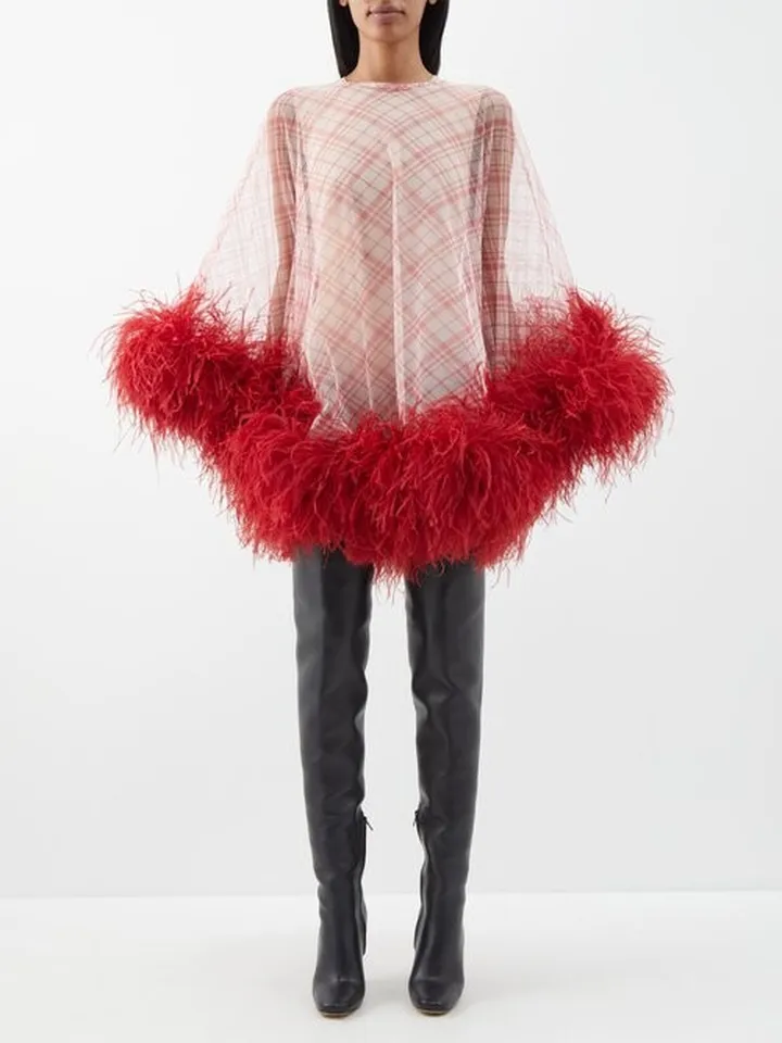 Feather-trim Checked-mesh Cape