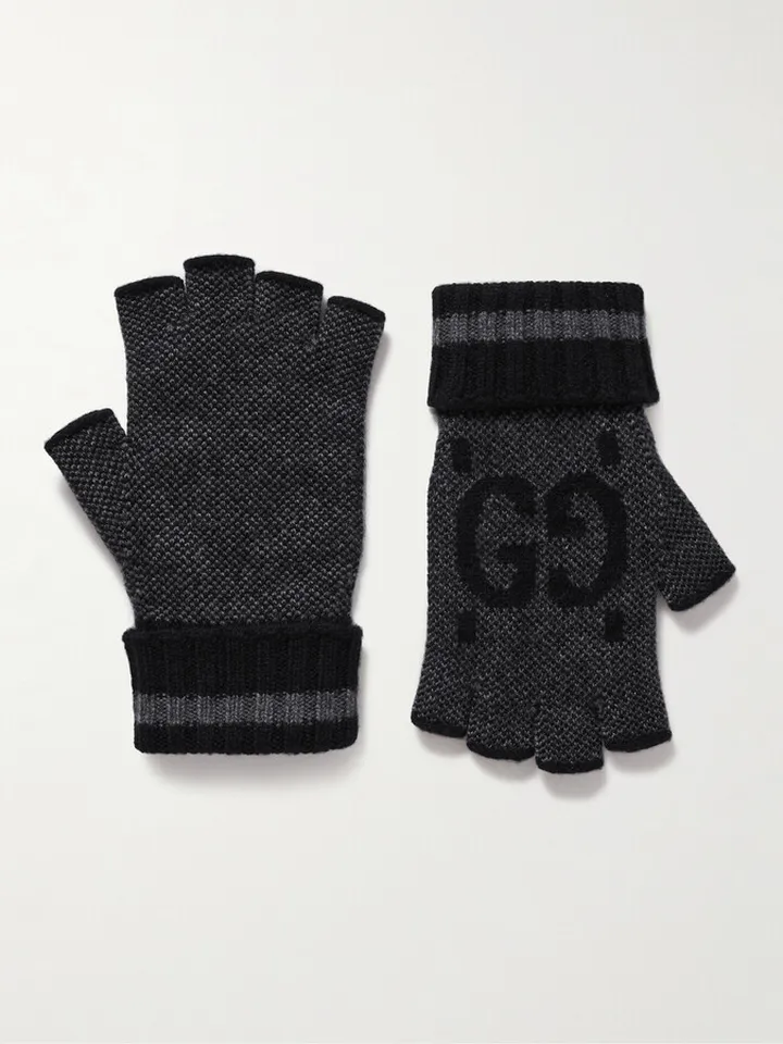 Fingerless Monogrammed Jacquard-Knit Cashmere Gloves