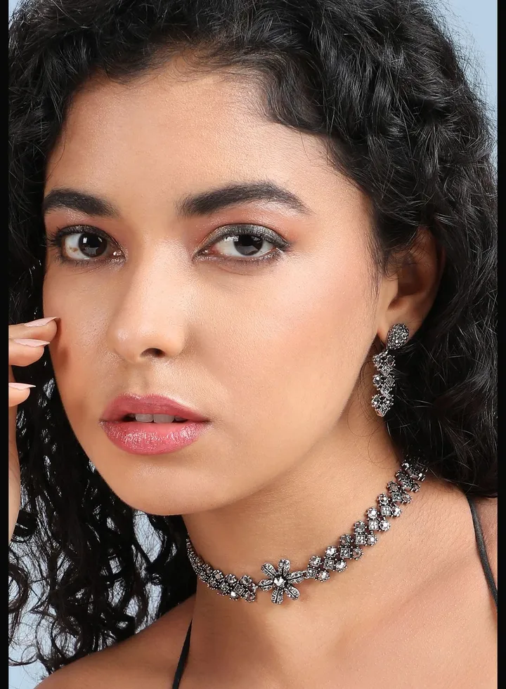 Silver Plated Designer Stone Party Wear Necklace and Earring Set For Women