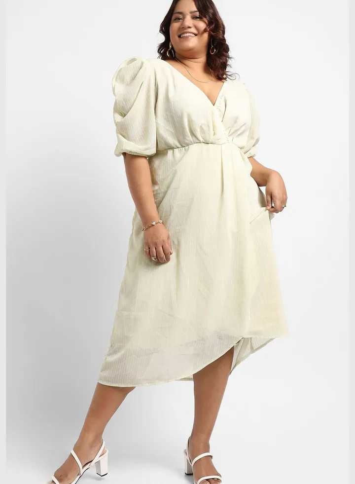 Solid V Neck Puff Sleeve Dress
