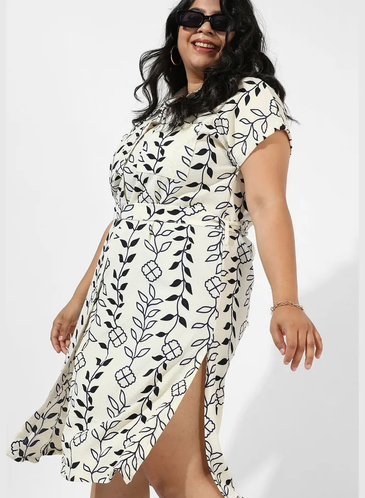 Printed Spread Collar Short Sleeve Dress