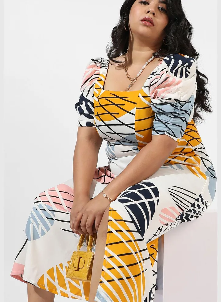 Printed Square Neck Short Sleeve Dress