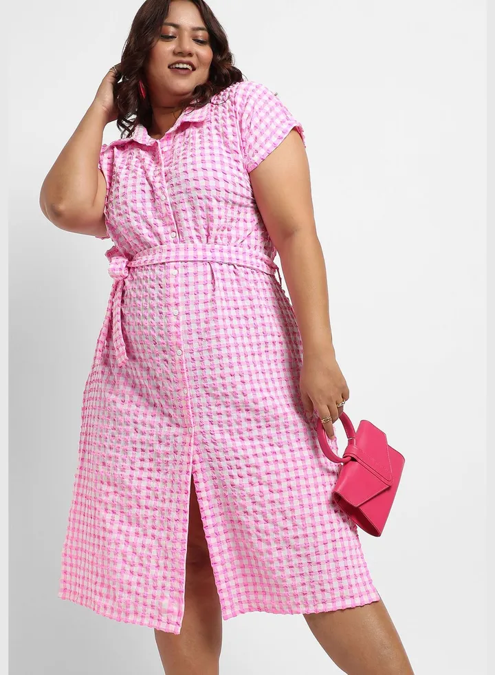 Checkered Spread Collar Short Sleeve Dress