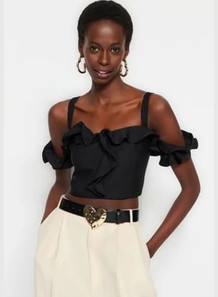 Black Crop Lined Woven Ruffle Bustier TPRSS23BS00083