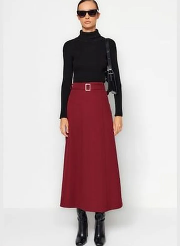 Claret Red Woven Skirt With Belt Detail TCTAW24EE00016