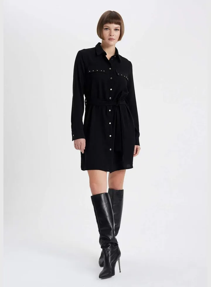 Woman Shirt Neck Long Sleeve Woven Dress