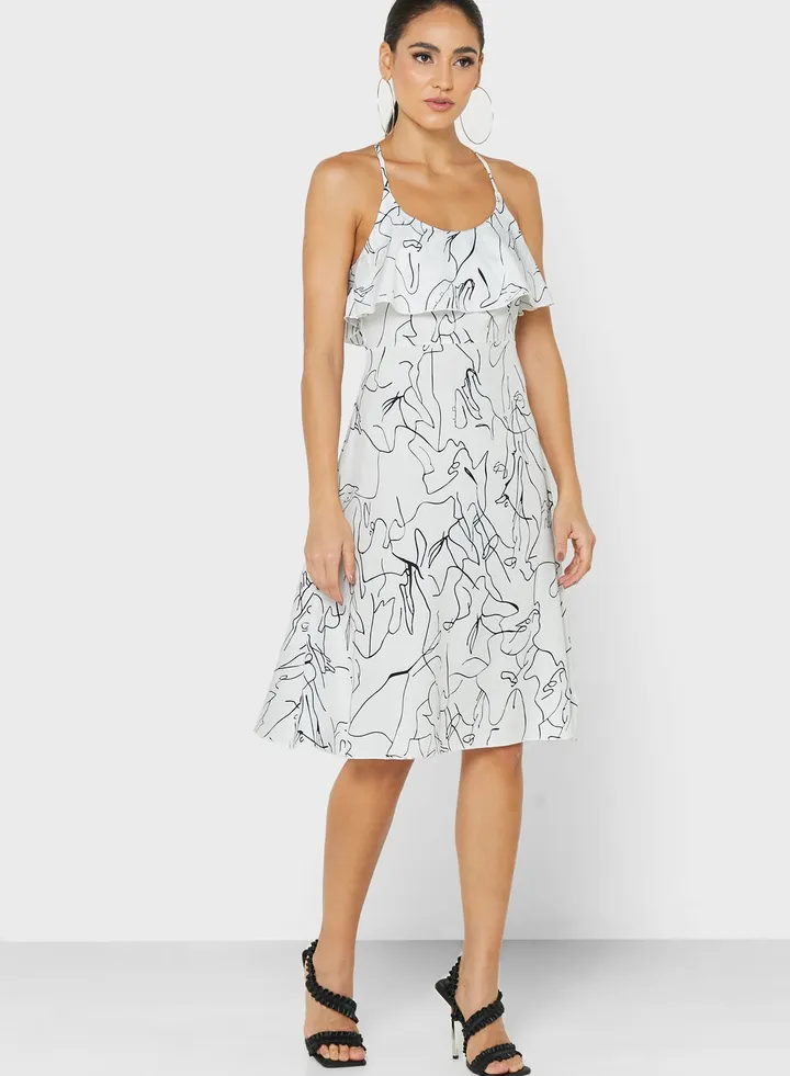 Frill Neck Layer Printed Cami Dress