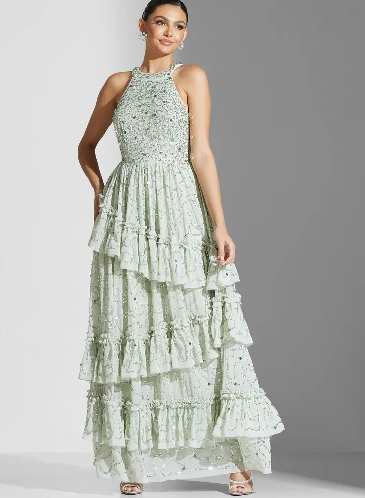 Embroidered Sequin Tiered Dress